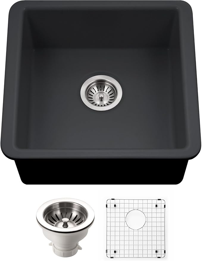Houzer Platus Black Fireclay Kitchen Sink for Bar & Prep - 20 Inch Undermount Square Single Bowl Bar Sink with Strainer & Grid, Durable & Versatile, Essential for Home & Apartment - PTB-2020 BL-C