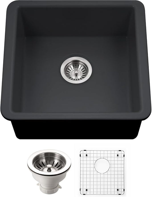 Houzer Platus Black Fireclay Kitchen Sink for Bar & Prep - 20 Inch Undermount Square Single Bowl Bar Sink with Strainer & Grid, Durable & Versatile, Essential for Home & Apartment - PTB-2020 BL-C