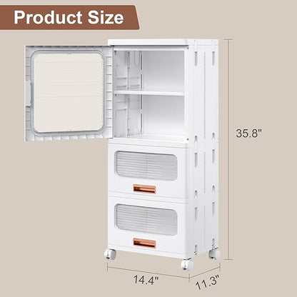 VECELO Narrow Bathroom Storage Cabinet with 2 Drawer, Foldable Storage Organizer with Movable Wheels and Adjustable Shelf for Small Space, Kitchen, Laundry, White