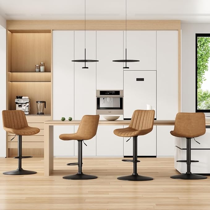 Bar Stools Set of 2, Swivel Adjustable Barstools, with Back Support, PU Leather Counter Height Bar Chairs for Kitchen Island Rustic Barstool, Brown (Brown + PU Leather + Foam-1)