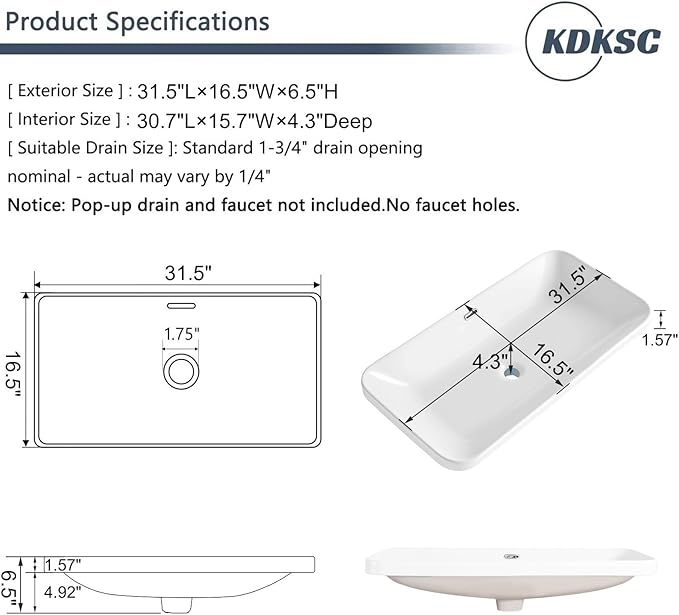 Bathroom Vessel Sink 31.5" X 16.5" Semi Recessed Bathroom Sink Rectangular Drop In Bathroom Sinks with Overflow White Ceramic Vessel Sinks for Bathroom Modern Above Counter Basin Vanity Sink
