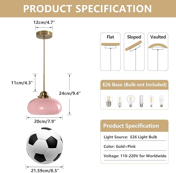 KCO Lighting Retro Pink Kitchen Pendant Light Mid Century Gold Hanging Light Vintage Dome Glass Pendant Light Small Globe Hanging Lights