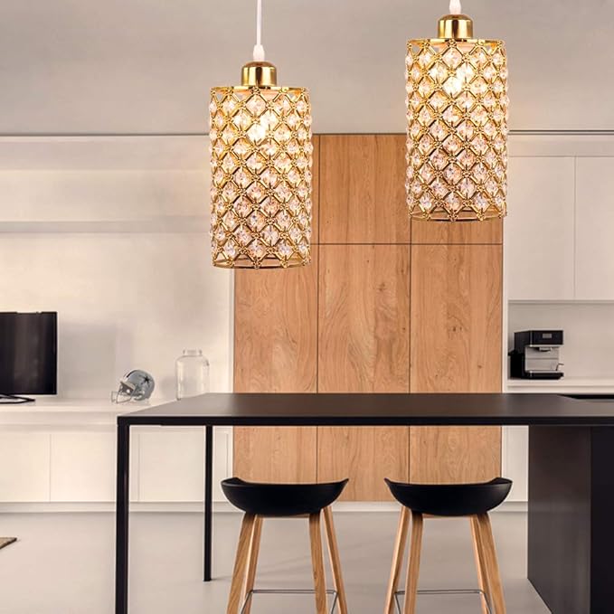Modern Mini Crystal Pendant Light, Adjustable Gold Chandelier Flush Mount Ceiling Fixture for Kitchen Island, Dining Room, Bedroom, Hallway – E26/E27 Base