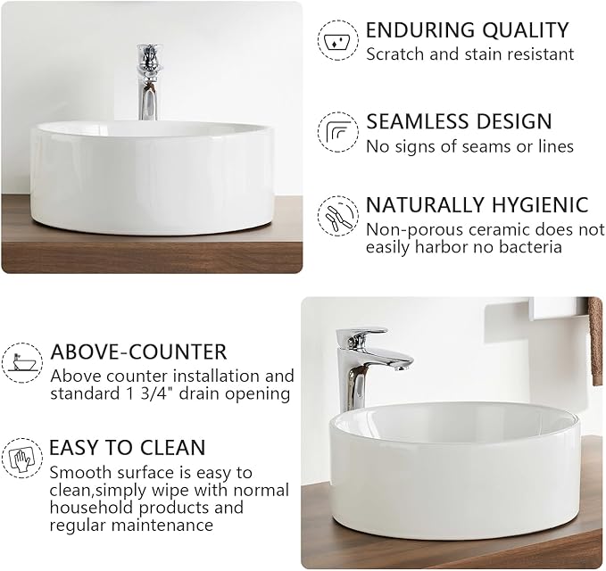 DeerValley DV-1V063 Symmetry White Circular Bowl Bathroom Vessel Sink and Modern Above Counter Porcelain Ceramic Vessel Vanity Sink Art Basin 16"x16"- Round