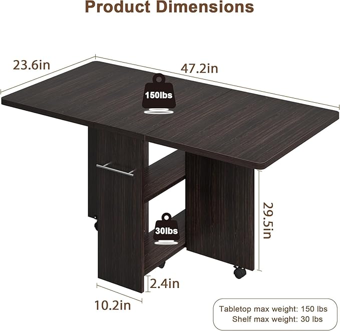 IDEALHOUSE FoldingTable, Drop Leaf Dining Table with 6 Wheels and 2-Layer Storage Shelf, Space Saving Table for Small Spaces (Dark Walnut, 47.2" D x 23.6" W x 29.5" H)