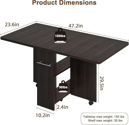 IDEALHOUSE FoldingTable, Drop Leaf Dining Table with 6 Wheels and 2-Layer Storage Shelf, Space Saving Table for Small Spaces (Dark Walnut, 47.2" D x 23.6" W x 29.5" H)