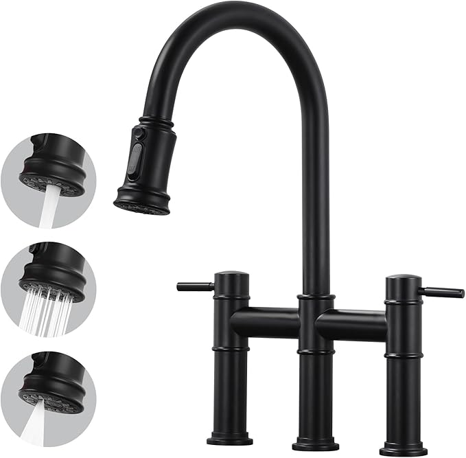 Bridge Faucet for Kitchen Sink: iVIGA Black Farmhouse 3 Hole Kitchen Faucet with Pull Down Sprayer (3 Spray Modes) - 2 Handle High Arc Brass Faucet with 360° Swivel, with Supply Lines