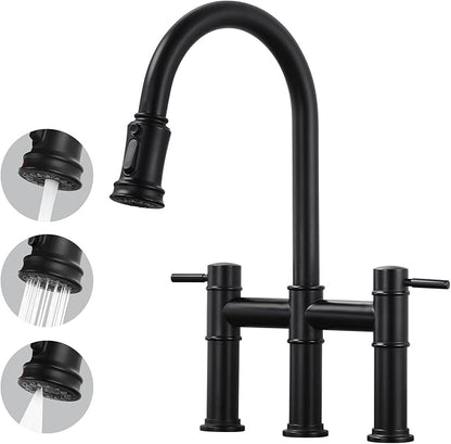 Bridge Faucet for Kitchen Sink: iVIGA Black Farmhouse 3 Hole Kitchen Faucet with Pull Down Sprayer (3 Spray Modes) - 2 Handle High Arc Brass Faucet with 360° Swivel, with Supply Lines