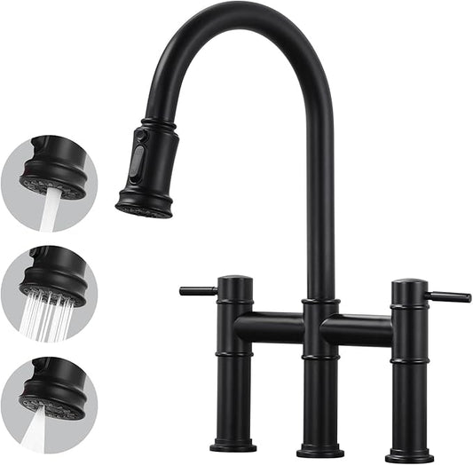Bridge Faucet for Kitchen Sink: iVIGA Black Farmhouse 3 Hole Kitchen Faucet with Pull Down Sprayer (3 Spray Modes) - 2 Handle High Arc Brass Faucet with 360° Swivel, with Supply Lines