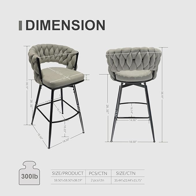 28" Technical Leather Woven Bar Stool Set of 2,Black Legs Barstools No Adjustable Kitchen Island Chairs,360 Swivel Bar Stools,for Living Room