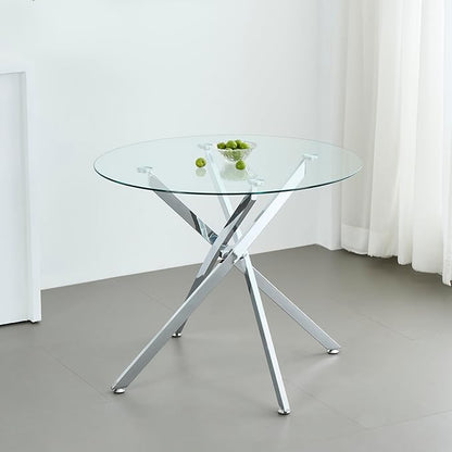 Round Glass Dining Table,Glass Dining Room Table with Metal Legs, Modern Glass Kitchen Table for Home, Kitchen, Dining Room