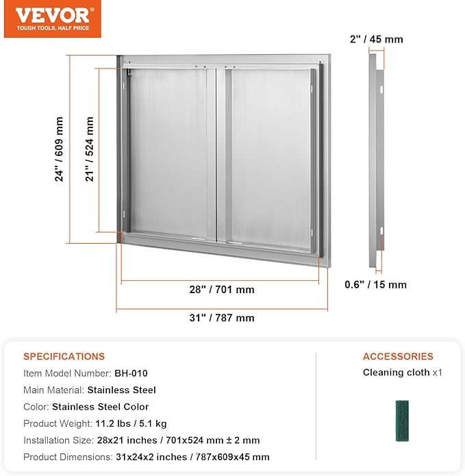 VEVOR BBQ Access Door - 31" W x 24" H Stainless Steel Flush Mount Vertical Door with Recessed Handles,for BBQ Island, Grilling Station, Outside Cabinet