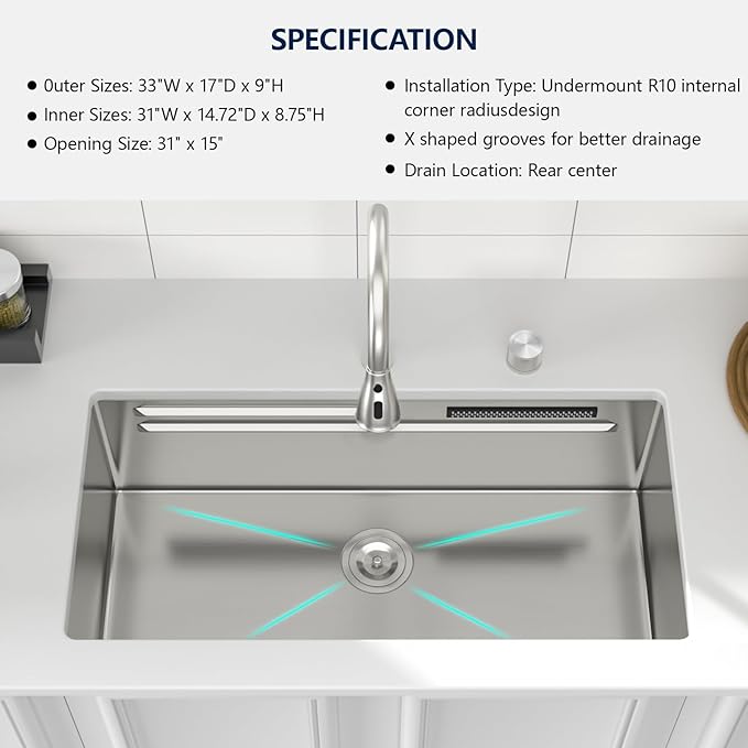 Logmey 33" Undermount Waterfall Sink with Pull-out Faucet & Temperature Control Knob,Nano PVD 33x17 Double Step Workstation Kitchen Sink,16 Gauge All in One Single Bowl Sinks
