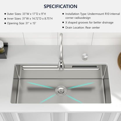 Logmey 33" Undermount Waterfall Sink with Pull-out Faucet & Temperature Control Knob,Nano PVD 33x17 Double Step Workstation Kitchen Sink,16 Gauge All in One Single Bowl Sinks