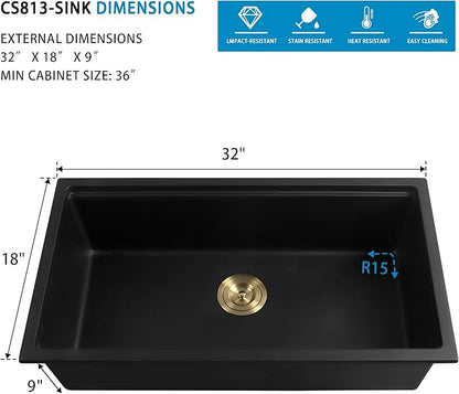 Black Undermount Kitchen Sink 32 Inch - Drop In Granite Quartz Composite Workstation Sink - Deep Single Bowl,Dual Mount,with Accessories (Black, 32" x 18")