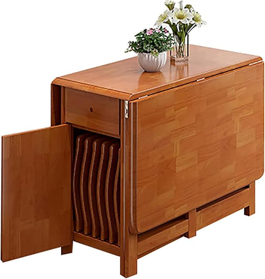 Solid Wood Folding Dining Table,Expandable Drop Leaf Island Kitchen Table with Drawers,Rectangular Dining Table Small Space Foldable Table with Wheels,No Chairs(51" W x 34.5" D x 29.5" H, Brown)