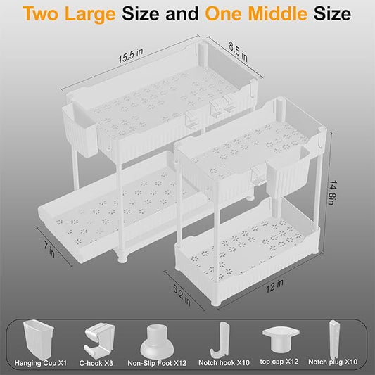 Sevenblue 3 Pack Under Sink Organizers, 2-Tier Multi-Use Kitchen and Bathroom Organizers and Storage with Sliding Drawers, Bathroom Cabinet Organizer (White, 14.8 Inch)