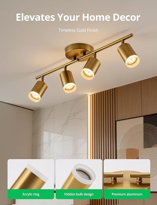 Bojim Track Lighting Fixtures Ceiling Mount for Kitchen, Gold 4 Way LED Spot Lights Indoor, Flexible Modern Track Light GU10 Socket for Dining Room, Bulbs Not Included