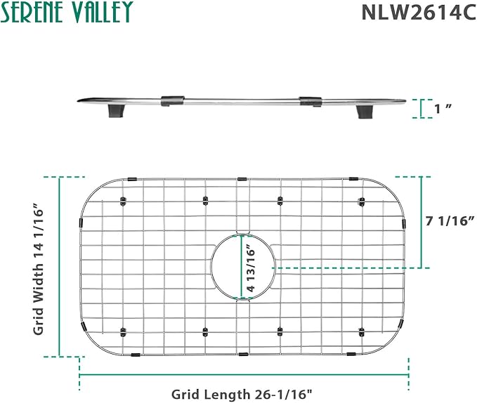 Serene Valley Sink Protector Grid 26-1/16" x 14-1/16", Centered Drain with Corner Radius 3-1/2", 304 Stainless Steel Material NLW2614C