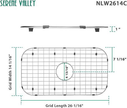 Serene Valley Sink Protector Grid 26-1/16" x 14-1/16", Centered Drain with Corner Radius 3-1/2", 304 Stainless Steel Material NLW2614C