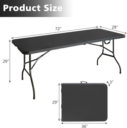 Portable 6Ft Plastic Folding Table, Heavy Duty 6ft Fold-in-Half Table with Carrying Handle, 6' Folding Utility Foldable Table for Picnic Party Camping Kitchen, Indoor/Outdoor (Black)