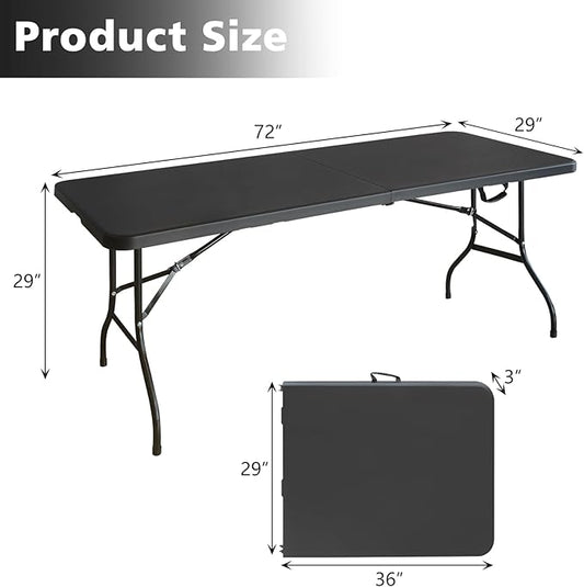 Portable 6Ft Plastic Folding Table, Heavy Duty 6ft Fold-in-Half Table with Carrying Handle, 6' Folding Utility Foldable Table for Picnic Party Camping Kitchen, Indoor/Outdoor (Black)