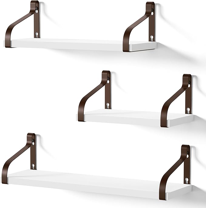 Love-KANKEI Floating Shelves for Wall Set of 3, Rustic Wood Wall Shelves for Bedroom, Living Room, Bathroom, Kitchen, Office Storage White Brown