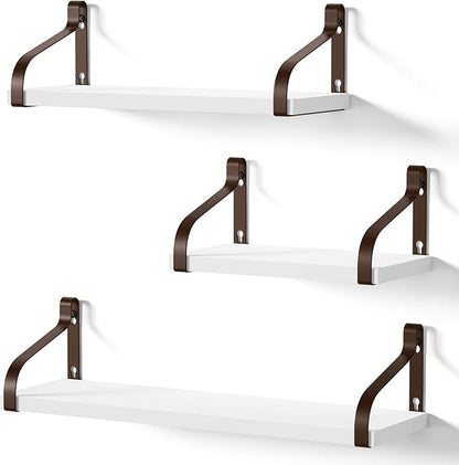 Love-KANKEI Floating Shelves for Wall Set of 3, Rustic Wood Wall Shelves for Bedroom, Living Room, Bathroom, Kitchen, Office Storage White Brown