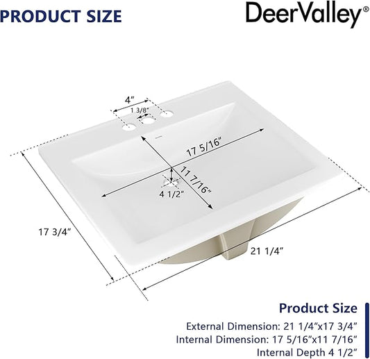 DeerValley 21x18 Inch Rectangular Ceramic Drop-in Bathroom Sink, Under Counter Vessel Sink with Overflow, White Vanity Basin