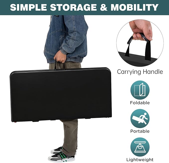 FDW 34" Square Outdoor Dining Table, Foldable Portable Plastic Folding Card Table with Built in Carrying Handle and Height Adjustable for Party and Wedding Use, Black