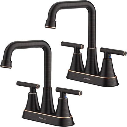Bathroom Sink Faucet, Hurran 4 inch Oil Rubbed Bronze Bathroom Faucets for Sink 3 Hole with Pop-up Drain and Supply Hoses, 2-Handle Centerset Faucet for Vanity RV Farmhouse, 2 Pack