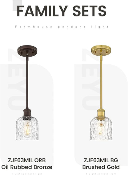 zeyu Farmhouse Hanging Light Fixture, Kitchen Island Pendant Lights, 1-Light Adjustable Hanging Light with Clear Hammered Glass, Oil Rubbed Bronze Finish, ZJF63MIL ORB