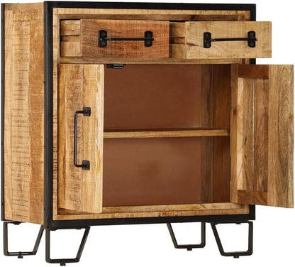 Solid Mango Wood Sideboard Cabinet, Unique Decorative Patterns, 25.6 x 11.8 x 27.6 Inches, Rustic Brown Finish, Living Room Storage Furniture, Easy Assembly Kitchen Furniture