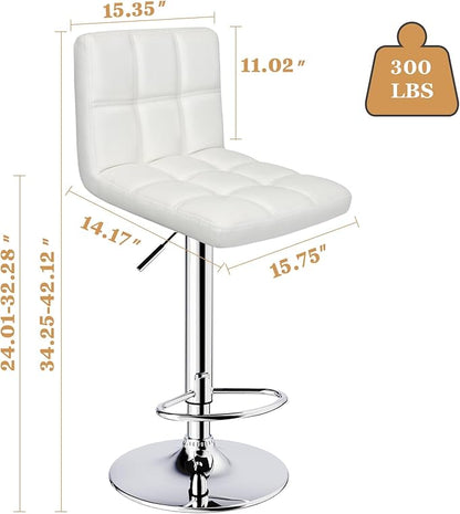 ERGOSEAT Bar Stools Set of 2,Armless Adjustable Swivel Barstools with Back,6-Squares Double Needle PU Leather Counter Height Bar Stools for Kitchen Island,White