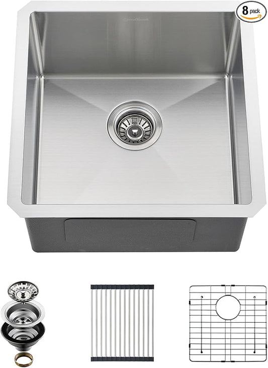 Undermount Kitchen Sink, 18 x 18 x 10 Inch Single Bowl Bar Sink 16 Gauge T-304 Stainless Steel Kitchen Sinks with Accessories