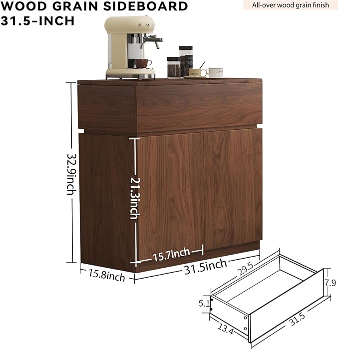 31.5"Buffet Cabinet with Drawers & Door, Modular Stackable Sideboard Coffee Bar Cabinet with Adjustable Shelves, Matte Walnut Storage Accent Credenza for Living Room Dining Room Kitchen Hallway