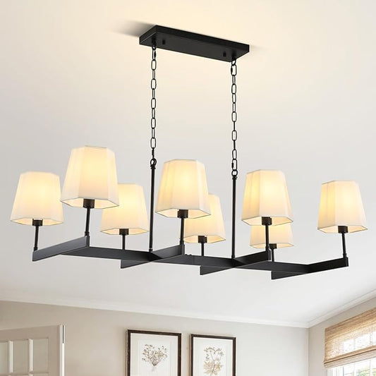 Farmhouse Chandeliers, 8-Light Black Chandeliers for Dining Room with White Fabric Shade, Adjustable Hanging Pendant Lighting for Kitchen Island Living Room