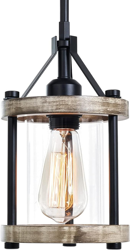 Farmhouse Pendant Light, Rustic White Wood and Metal Cage Hanging Light Fixtures with Glass, 43 Inch Adjustable for Flat and Slop Ceiling, Pendant Lighting for Kitchen Island Foyer Hallway