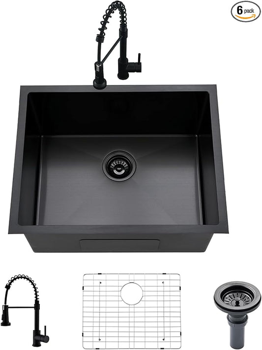 24 Inch Undermount Laundry Sink with Faucet Combo-Bokaiya 24x18x12 Black Stainless Steel Laundry Utility Sink Outdoor 16 Gauge Deep Single Bowl Laundry Room Sink