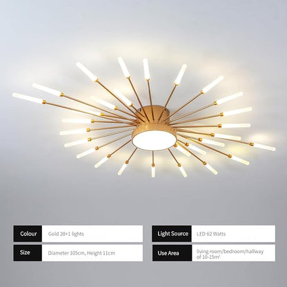 JAYMP 41.3" Ceiling Light Modern Flower Shape Ceiling Lamp for Living Room Dining Room Flush Mount Metal Acrylic Sputnik Firework Petal LED Lighting Fixture (Matte Gold, 28+1 Lights)