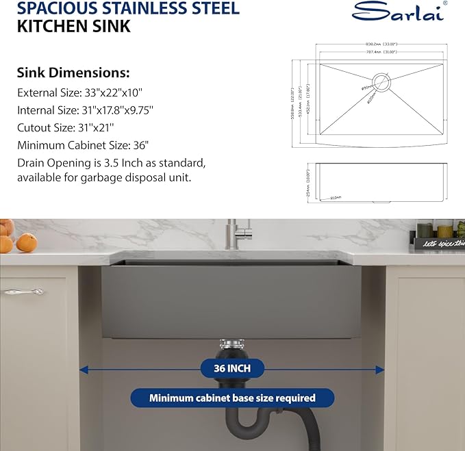 Sarlai 33 Black Farmhouse Kitchen Sink - 33 Inch Kitchen Sink Gunmetal Black Stainless Steel 16 gauge Apron Front Sink Deep Single Bowl Farm Sink