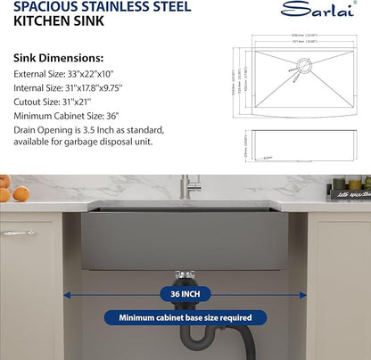 Sarlai 33 Black Farmhouse Kitchen Sink - 33 Inch Kitchen Sink Gunmetal Black Stainless Steel 16 gauge Apron Front Sink Deep Single Bowl Farm Sink