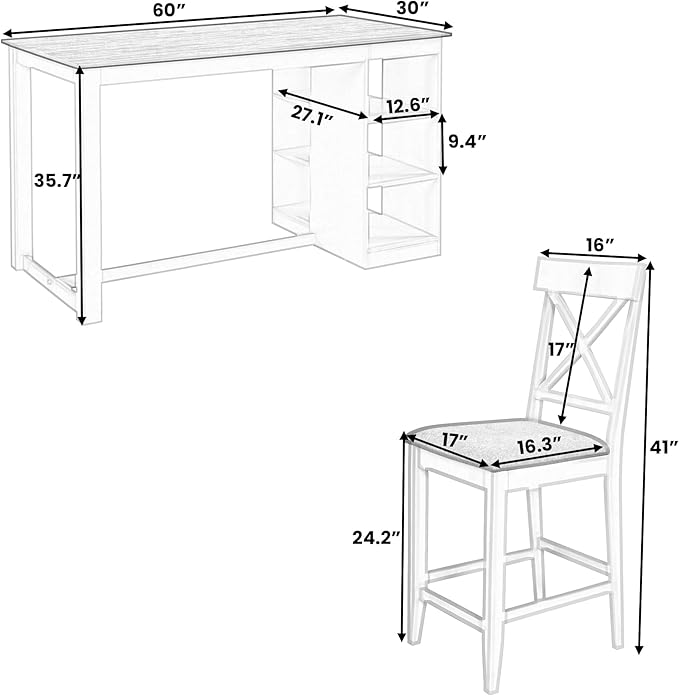Farmhouse 5-Piece Counter Height Dining Table Set, 2-Tone Rectangular Dining Table with 3-Tier Storage Shelves and Upholstered Dining Chairs, Solid Wood Kitchen Dining Room Set for 4 (Natural/White)