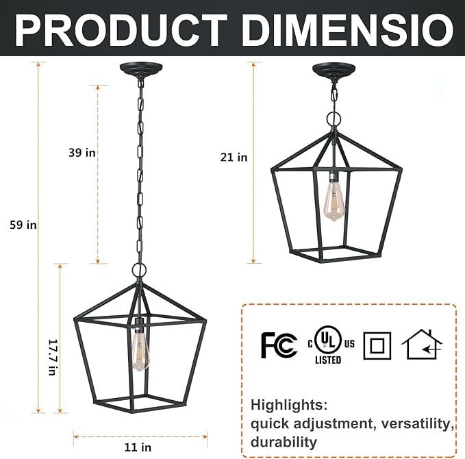 Kitchen Island Light RC Ceiling Light Fixture 1-Light Hanging Pendant Light for Kitchen Island Chandelier, Metal Cage Entryway Fixture with Adjustable Chain, Vintage Industrial