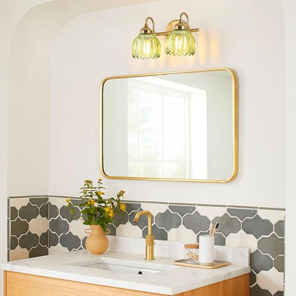 Vintage Bathroom Light Fixtures, Brass Vanity Lights with Green Tulip Glass Shade, Vanity Sconces for Bathroom Bedroom Living Room Hallway, 2-Light