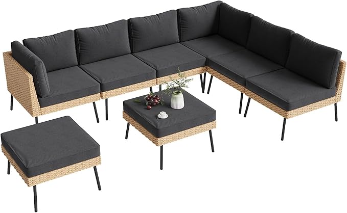 Aoxun 8-Piece Patio Furniture Set, Wicker Outdoor Furniture with Water Resistant Thick Cushions, Patio Conversation Set Outdoor Sectional Sofa with Coffee Table for Backyard Poolside, Black