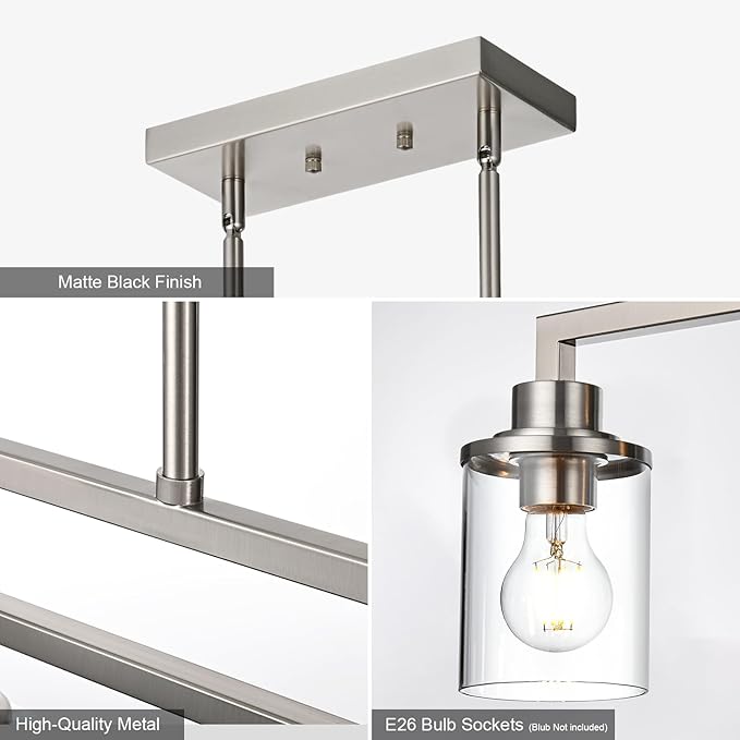 Yaohong 4-Light Brushed Nickel Farmhouse Dining Room Light Fixture, Modern Kitchen Island Chandelier with Clear Glass Shades, Adjustable Ceiling Pendant Lighting for Dining Table and Living Room