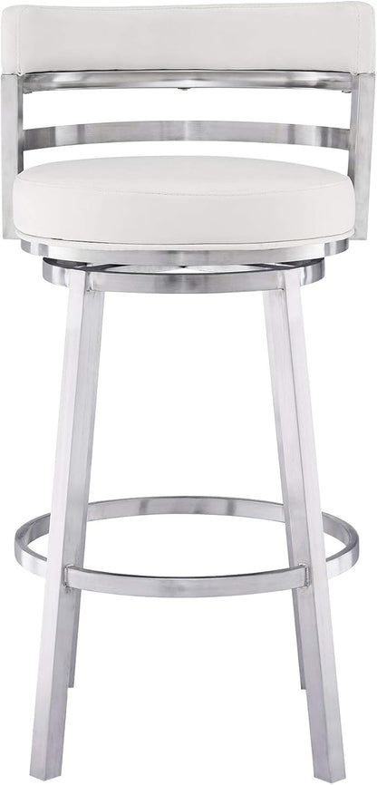 Armen Living Madrid 30" Seat Height Swivel White Faux Leather and Brushed Stainless Steel Bar Stool for Kitchen Island Counter