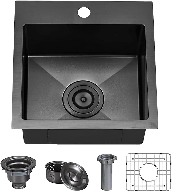 Hotis Drop in Black Bar Sink, 13x15 Inch Topmount RV Small Gun Black Kitchen Sink, Handmade Stainless Steel Wet Bar Sinks, Outdoor Single Bowl with Dish Grid & Drain