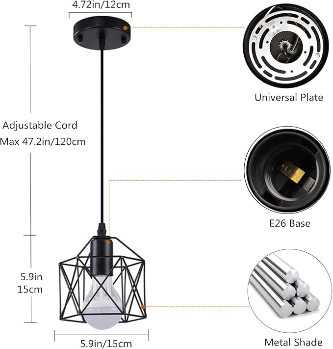 Black Pendant Light, Farmhouse Rustic Vintage Hanging Lamp Industrial Metal Mini Cage Pendant Lighting Fixture for Kitchen Island Bedroom Hallway, E26 Base